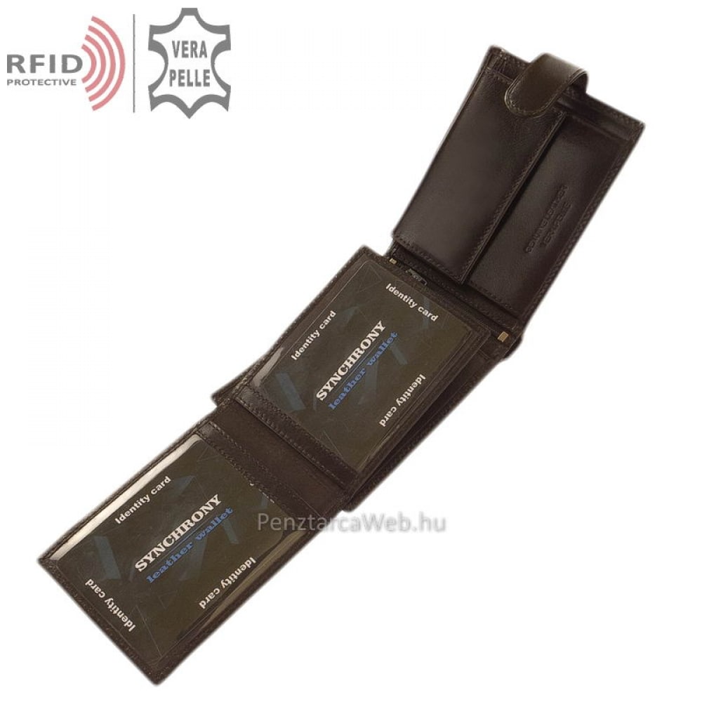 RFID bőr férfi pénztárca, magas gyártási minőségben készítve barna színben, valódi bőrből, melynek fedelén a SYNCHRONY logó látható.