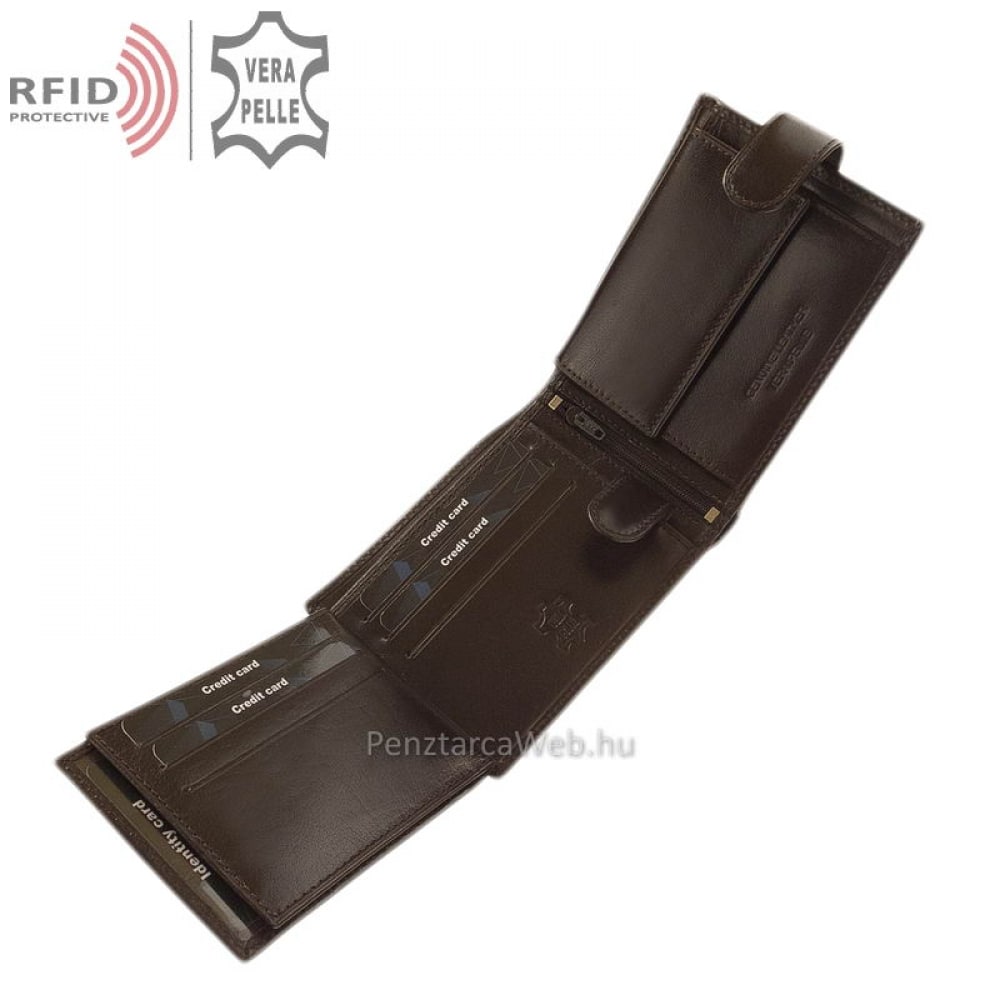 RFID bőr férfi pénztárca, magas gyártási minőségben készítve barna színben, valódi bőrből, melynek fedelén a SYNCHRONY logó látható.