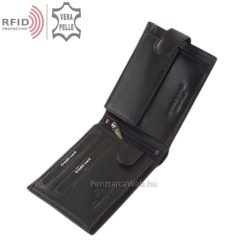 Külső átkapcsoló pánttal gyártott, minőségi, fényes valódi bőrből készített, fekete férfi bőr pénztárca, biztonságos RFID védett modell.