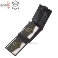 Külső átkapcsoló pánttal gyártott, minőségi, fényes valódi bőrből készített, fekete férfi bőr pénztárca, biztonságos RFID védett modell.