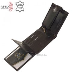 Külső átkapcsoló pánttal gyártott, minőségi, fényes valódi bőrből készített, fekete férfi bőr pénztárca, biztonságos RFID védett modell.
