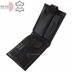 RFID bőr férfi pénztárca, magas gyártási minőségben készítve fekete színben, valódi bőrből, melynek fedelén a SYNCHRONY logó látható.