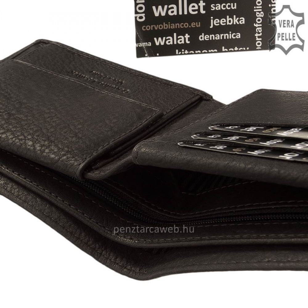 Puha tapintású, karakteres textúrájú minőségi marhabőrből gyártott fekete színű férfi bőr pénztárca sportosan elegáns design-nal.