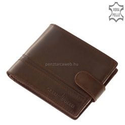 Kiváló minőségű bőrből készült barna férfi bőr pénztárca, elegáns fényes fedelén GreenDeed felirat, valamint minőségi csíkbetét díszeleg.
