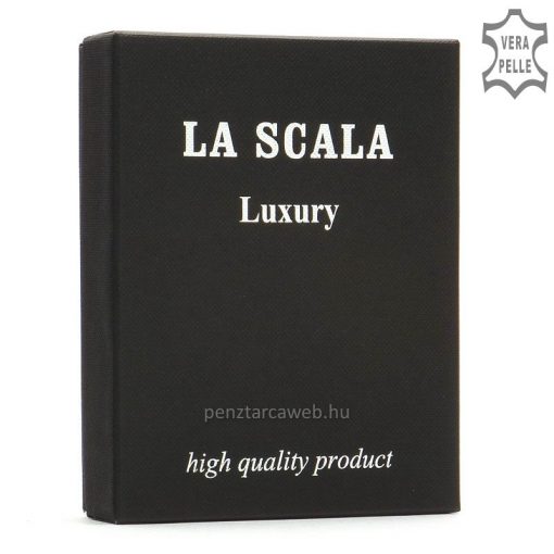 Tartós minőségi marhabőrből készült, ajándékba is kiváló, elegáns barna színű LA SCALA fém logós férfi bőr pénztárca.
