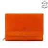 Minőségi SLM márkajelzésű kisméretű praktikus női bőr pénztárca valódi bőrből narancssárga külsővel, a fedlapon varrott dizájn elemmel.