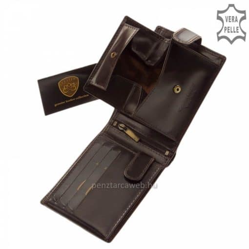 A díszdobozban forgalmazott prémium férfi bőr pénztárca barna színű fedelét dekoratív varrás és a Vester Luxury márkás logó teszi egyedivé.