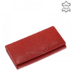 Nagyméretű praktikus belső elrendezésű, virágos mintával díszített női bőr pénztárca, minőségi marhabőrből készült piros színű női tárca.
