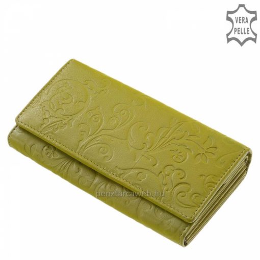 Nagyméretű praktikus belső elrendezésű, virágmintával díszített női bőr pénztárca, mely minőségi marhabőrből készült zöld színű női tárca.