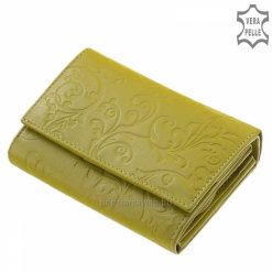 Kis méretű praktikus belső elrendezésű, virág mintás női bőr pénztárca valódi bőrből gyönyörű zöld színben. Díszdobozos csomagolásban.