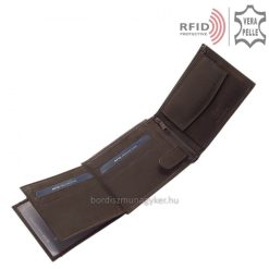 Valódi bőrből készült, hagyományos kialakítású, praktikus belsővel rendelkező, barna színű férfi bőr pénztárca biztonságos RFID védelemmel.