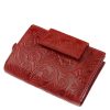 Egyedi kialakítású, minőségi valódi bőr felhasználásával készült női pénztárca piros színben, felületén dekoratív inda- és virágnyomattal.