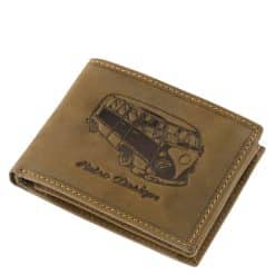 Különleges külsővel tervezett GreenDeed márkájú minőségi bőr férfi pénztárca retro busz mintás benyomattal fedelén barna színben.