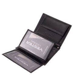 Elegáns megjelenésű minőségi bőr férfi irattartó pénztárca modell fekete színben, álló kivitelben, Vester Luxury felirattal a fedelén.