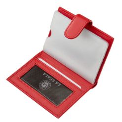 Remek, minőségi kiegészítő lehet ez a kis méretű, praktikus valódi bőr kártyatartó elegáns piros színű modell, RFID védelemmel.