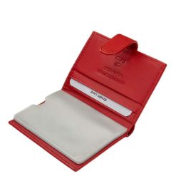 Remek, minőségi kiegészítő lehet ez a kis méretű, praktikus valódi bőr kártyatartó elegáns piros színű modell, RFID védelemmel.