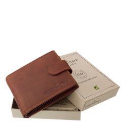 RFID védelemmel ellátott, világosbarna valódi bőr férfi pénztárca, mely praktikus kialakítású GreenDeed márkás, díszdobozos termékünk.