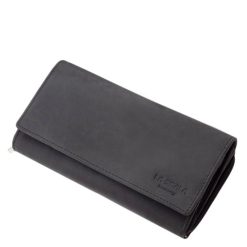 Rusztikus megjelenésű, fekete színben készült, minőségi valódi bőr, női pénztárca, amely RFID védelmet is tartalmaz, díszdobozban érkezik.