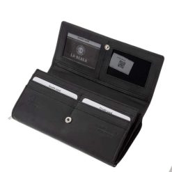 Rusztikus megjelenésű, fekete színben készült, minőségi valódi bőr, női pénztárca, amely RFID védelmet is tartalmaz, díszdobozban érkezik.