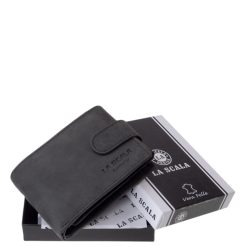 Kis méretű, kompakt fekete férfi pénztárca, mely természetes hatású valódi bőr alapanyagból készült, RFID védelemmel díszdobozos kivitelben.
