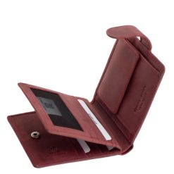 Valódi natúr bőr külsővel rendelkező női pénztárca bordó színben, nagy mennyiségű kártyatartóval, RFID védelemmel, díszdobozban.