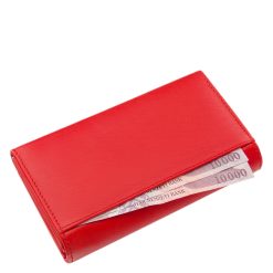 Minőségi díszdobozos, nagy méretű La Scala női pénztárca valódi bőr alapanyagból, divatos piros/fekete színben, RFID védelemmel.