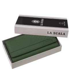 Elegáns, stílusos női igazi bőr La Scala márkás pénztárca zöld színben, RFID védelemmel ellátva, különleges díszdobozba csomagolva.