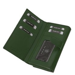 Elegáns, stílusos női igazi bőr La Scala márkás pénztárca zöld színben, RFID védelemmel ellátva, különleges díszdobozba csomagolva.