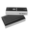 La Scala márkás, igazi bőr, női nagy méretű fekete színű pénztárca modell, minőségi díszdobozba csomagolva, RFID védelemmel ellátva.