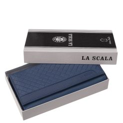 La Scala márkás, igazi bőr, női nagy méretű kék színű pénztárca modell, minőségi díszdobozba csomagolva, RFID védelemmel ellátva.
