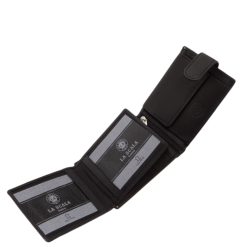 Kiváló minőségű, igazi bőrből készült, puha tapintású, La Scala márkájú, elegáns, dizájnos, fekete színű bőr férfi pénztárca modell díszdobozba csomagolva.