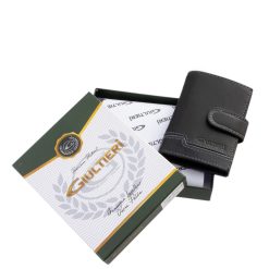 Igazi, kiváló minőségű bőr, Giultieri márkás, különleges, minőségi, mutatós fekete színben készült kártyatartó külső átkapcsolóval, díszdobozba csomagolva.