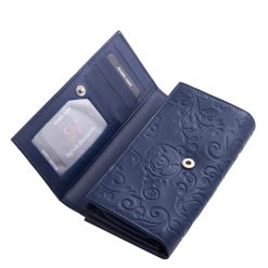 Finom minőségi bőrből készült nagy méretű női bőr pénztárca sötét kék színben, patenttel záródó fedele virág mintás nyomattal díszített.