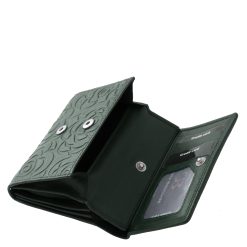 Igazi bőrből készült, sötét zöld színű, divatos mintás női bőr pénztárca, melynek belseje számos funkciót ellát, kedvelt a vásárlók körében.